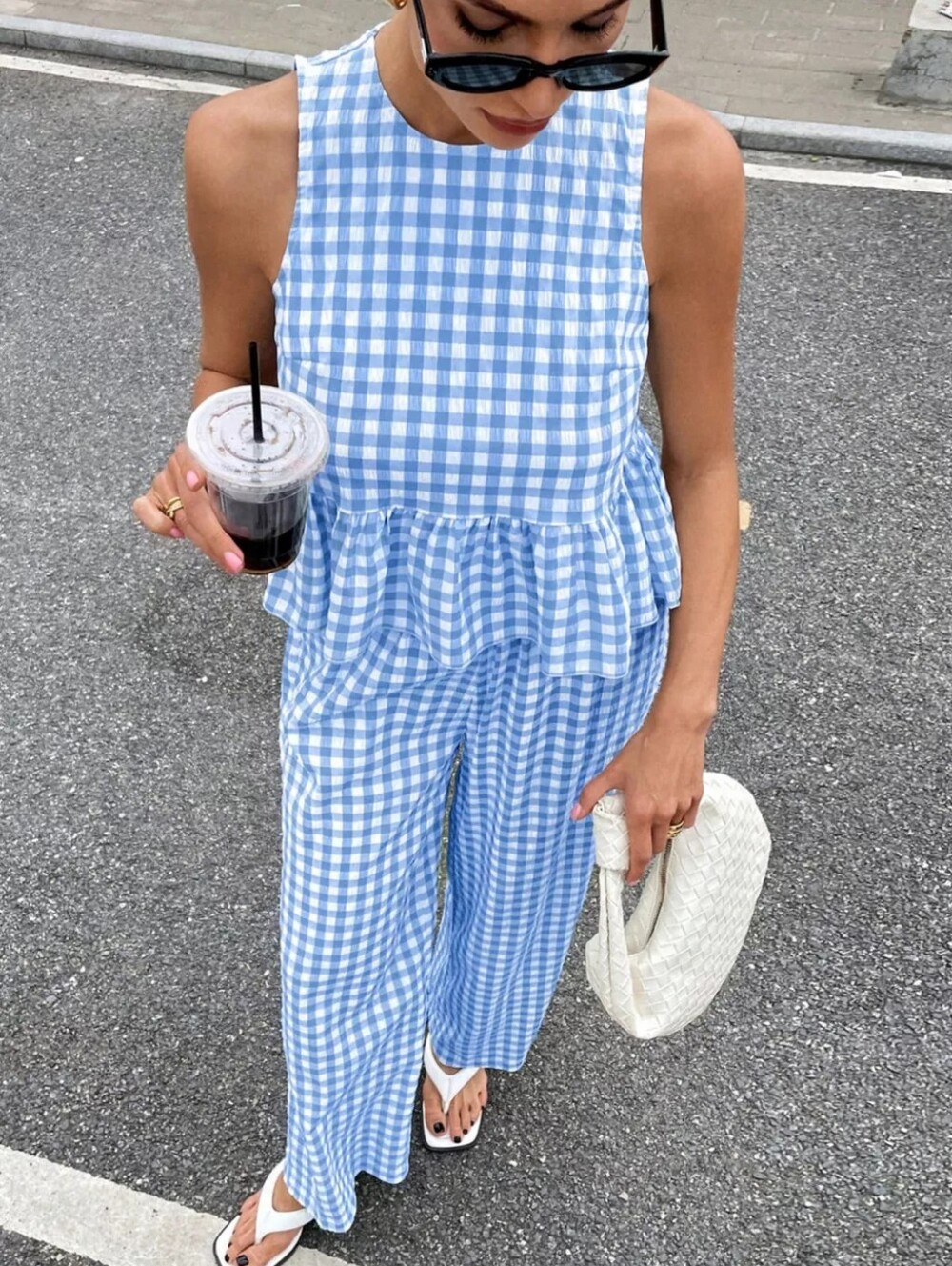 🌸Blue Gingham Peplum Top & Wide Leg Pants Set - Picture 3 of 4